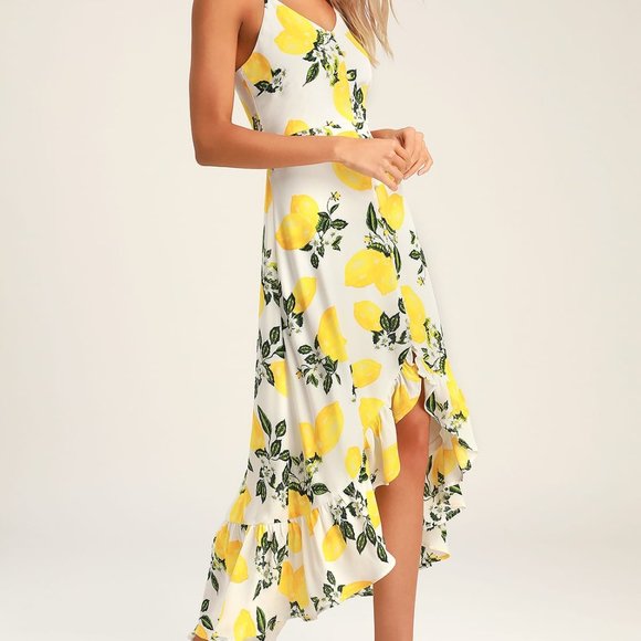 Lulus Dresses & Skirts - Lulu's Afternoon Air Yellow Lemon Print High-Low Midi Dress